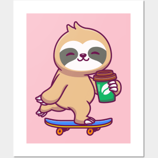 Cute Sloth Skateboarding And Holding Coffee Posters and Art